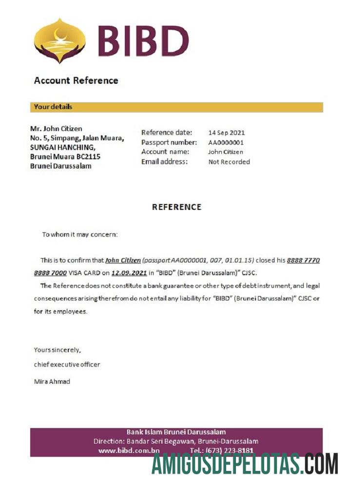 Referência de fechamento do banco Brunei Islam Darussalam exemplo real